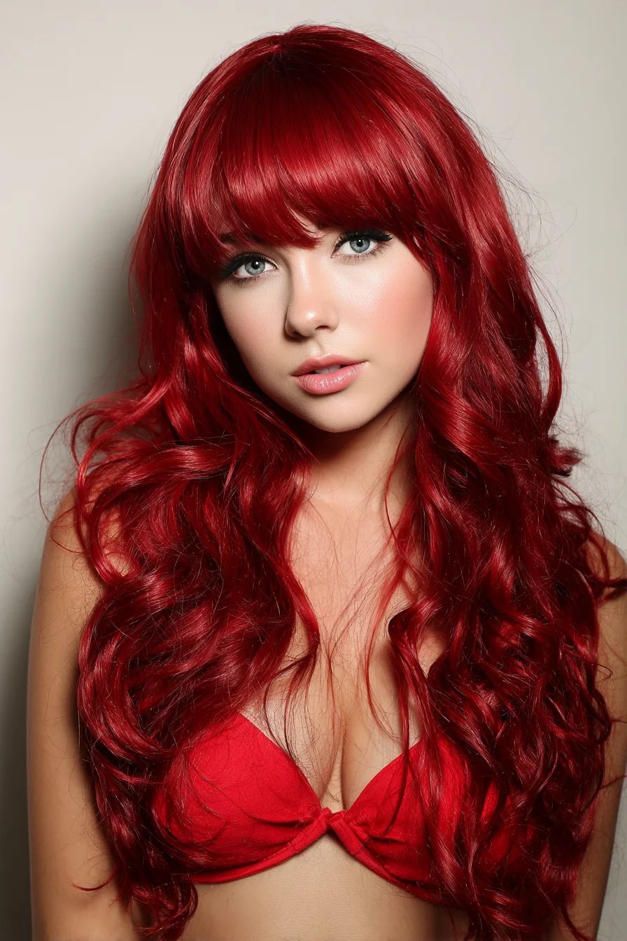 Long Red Layered Waves with Blunt Fringe