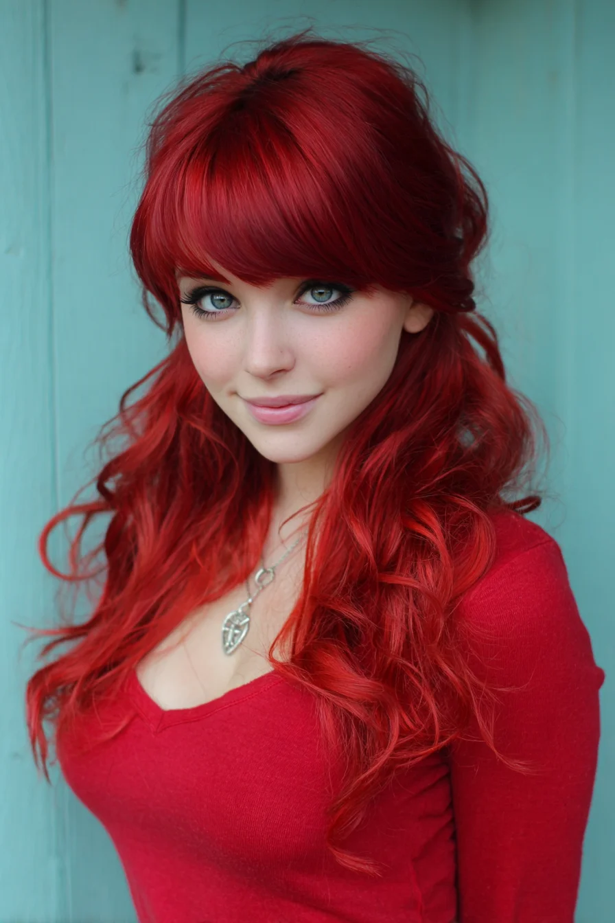 Long Red Wavy Hair with Blunt Fringe — Half-Up Textured Style