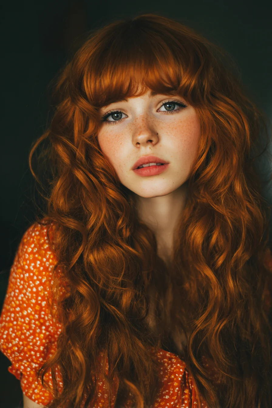 Long Red Wavy Hair with Full Blunt Fringe — Soft Textured Waves