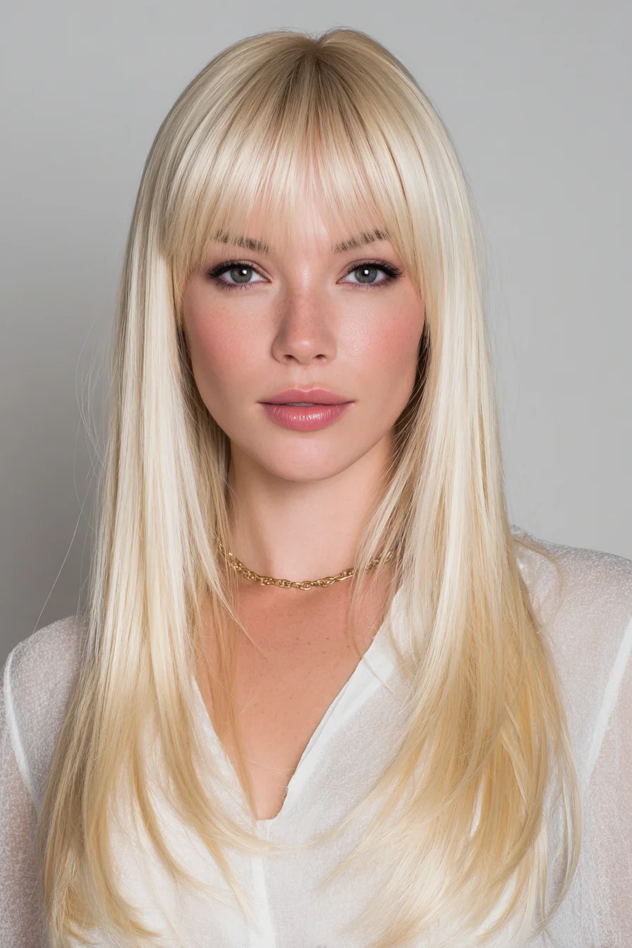 Long Sleek Blonde Layers with Wispy Baby Bangs