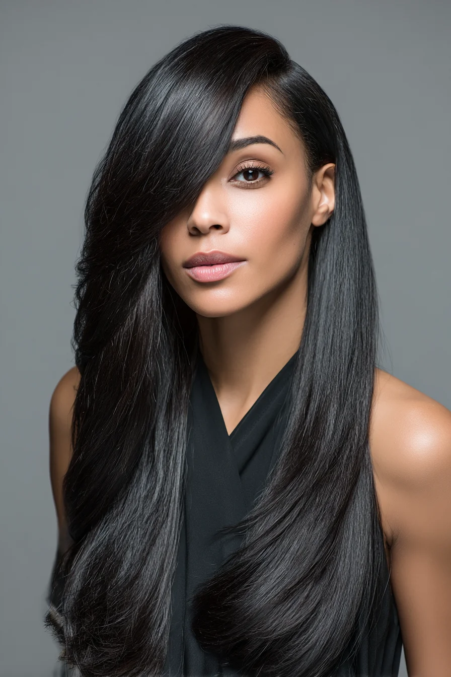 Long Sleek Layered Cut with Deep Side-Swept Bangs