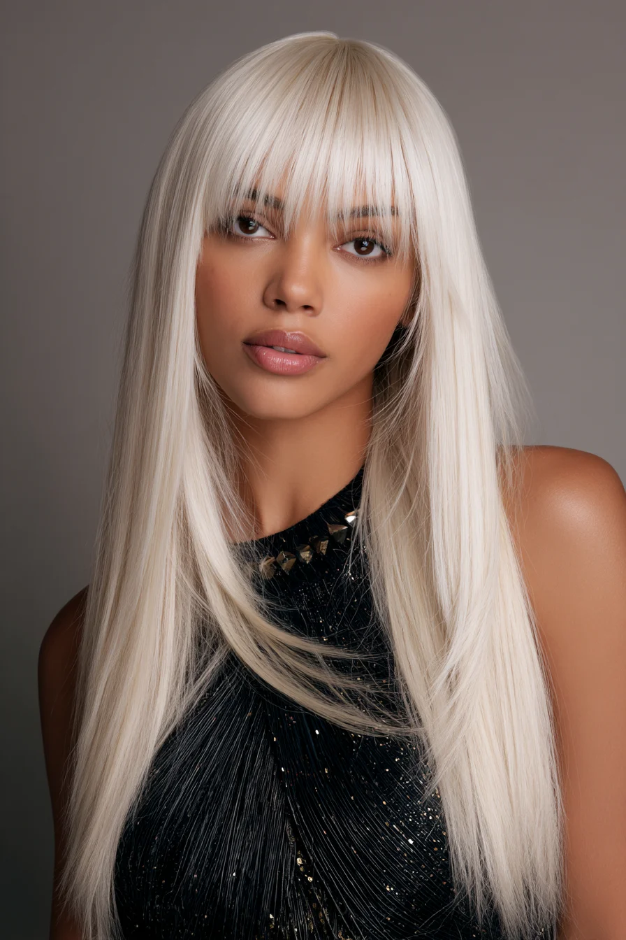 Long Sleek Platinum Blonde with Blunt Fringe and Soft Layers