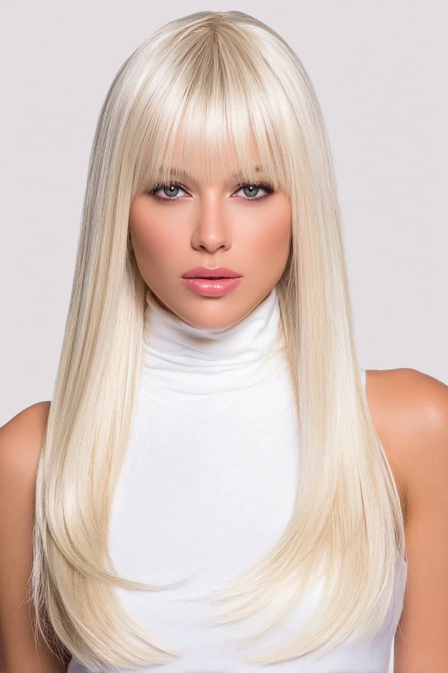 Long Sleek Straight Cut with Blunt Bangs and Soft Face-Framing Layers