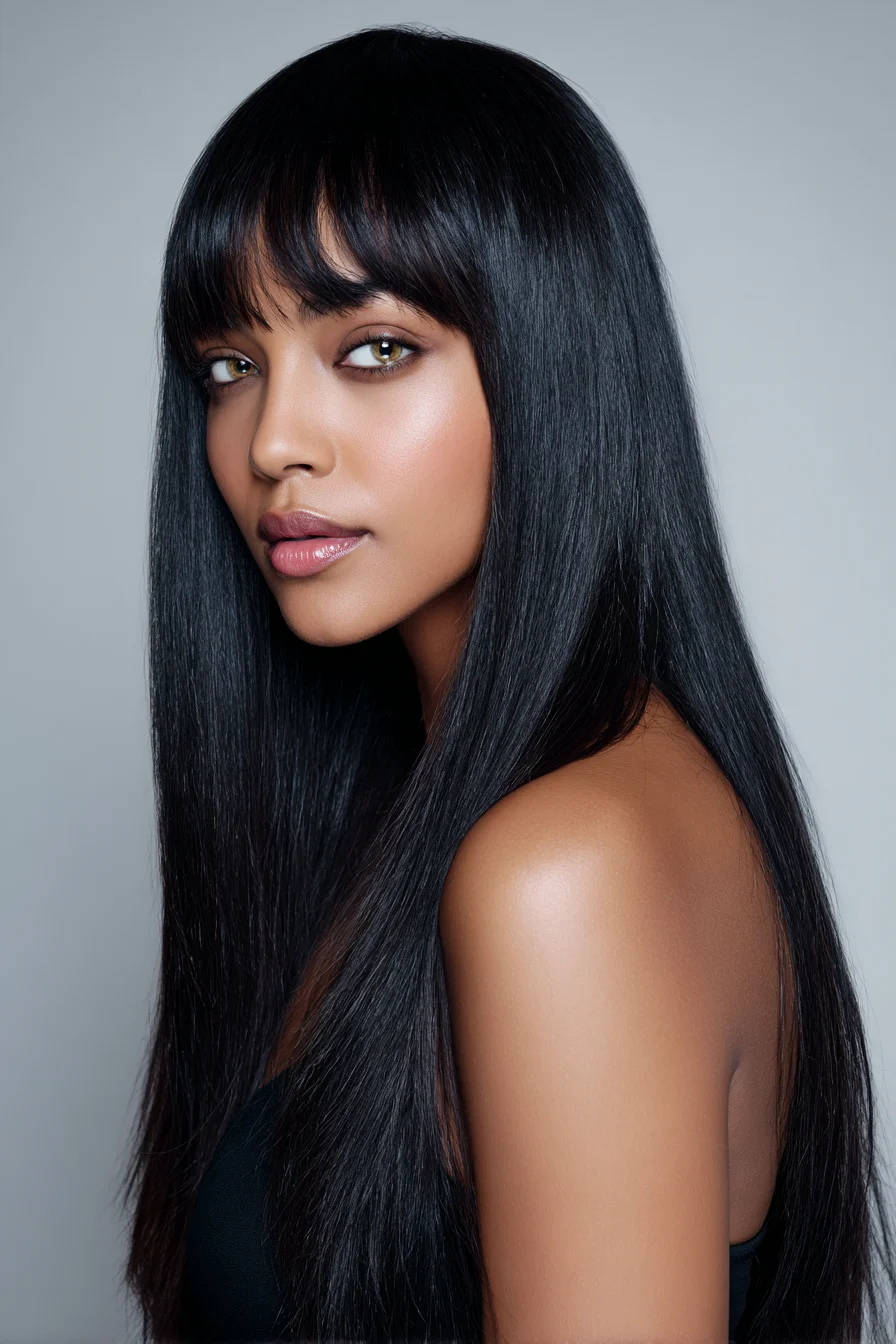 Long Sleek Straight Cut with Blunt Fringe (Salon Blowout Finish)