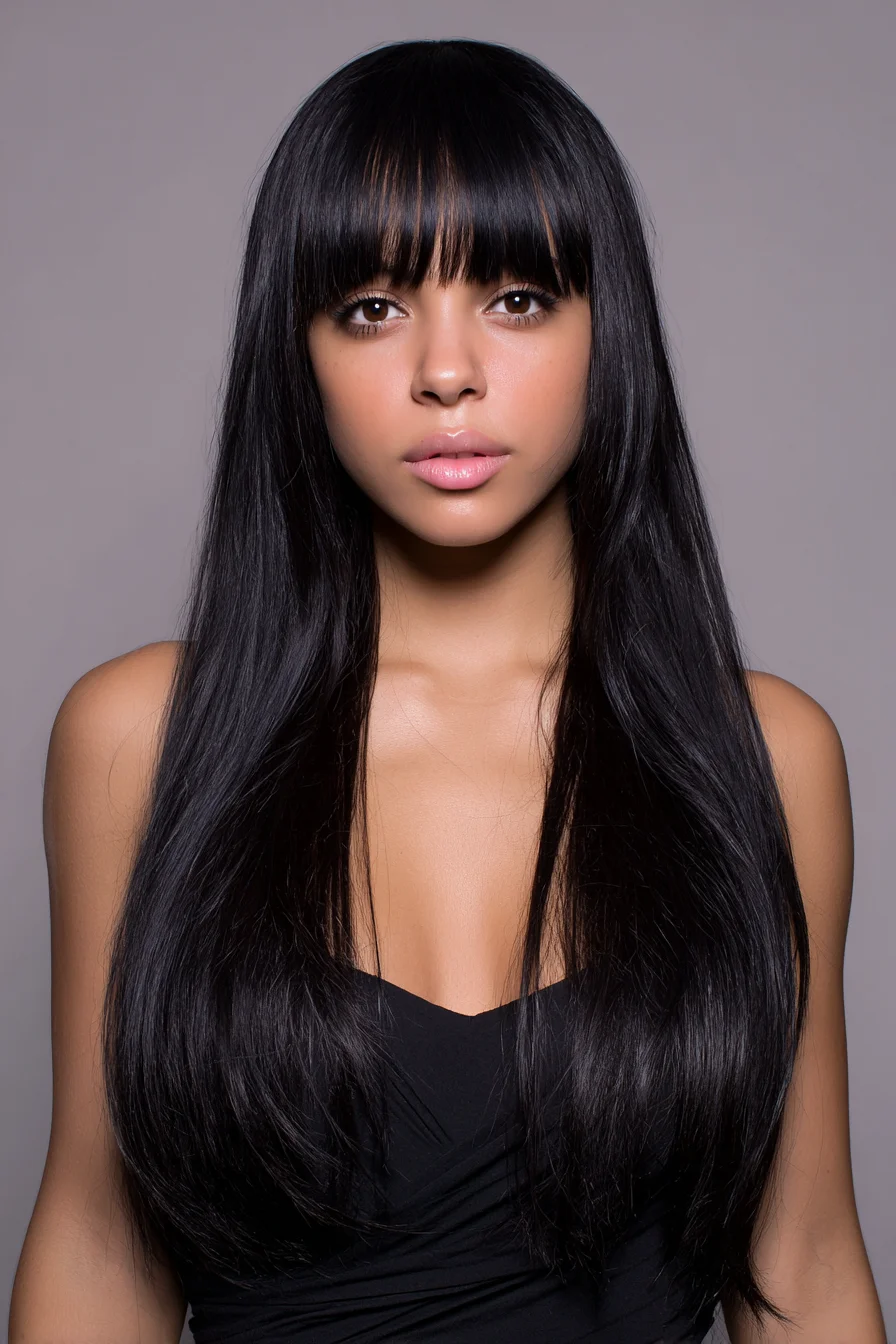 Long Sleek Straight Hair with Blunt Fringe (Full-Length Cut & Bangs)