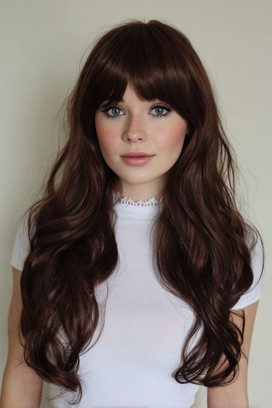 Long Soft Layers with Curtain Bangs and Loose, Face-Framing Waves