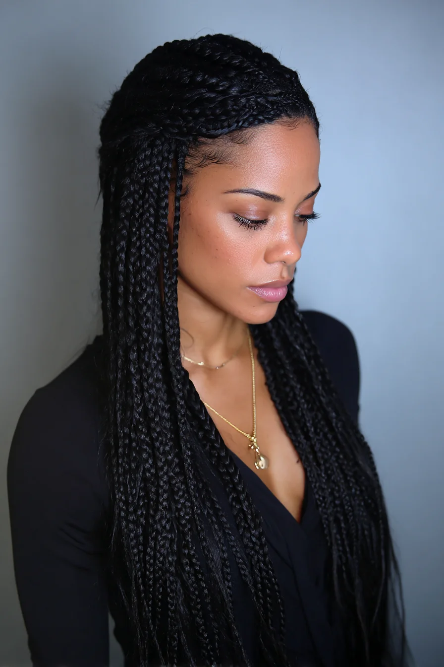 Long Thin Box Braids with Cornrowed Crown (Micro/Individual Braids)