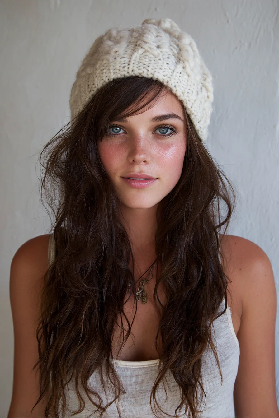 Long Tousled Beach Waves with Side‑Swept Fringe (Beanie‑Friendly)