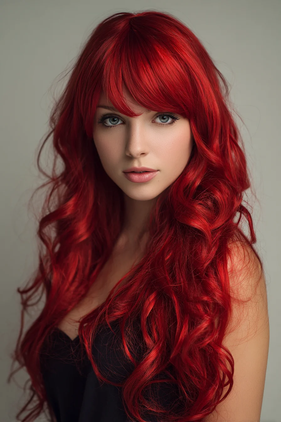 Long Vibrant Red Waves with Soft Curtain Bangs