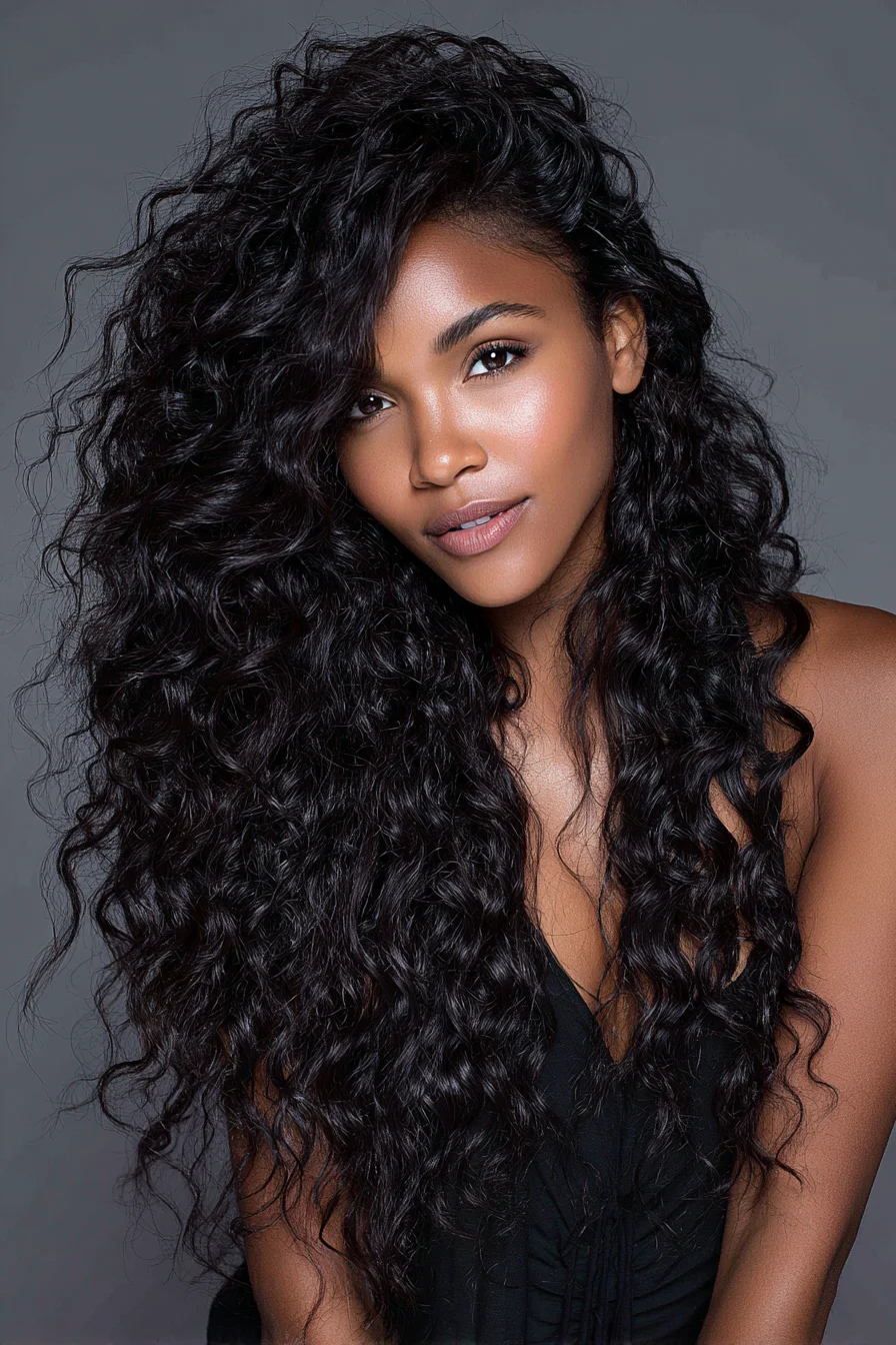 Long Voluminous Curly Hair with Deep Side Part and Layered Texture