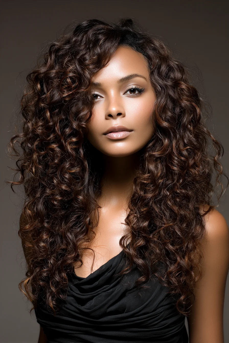 Long Voluminous Defined Curls with Layered Face‑Framing Cut