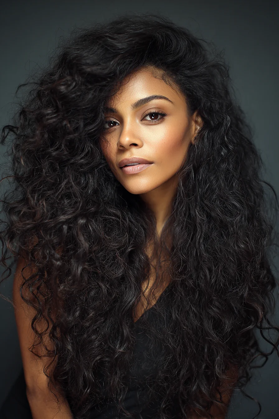Long Voluminous Natural Curls with Deep Side Part