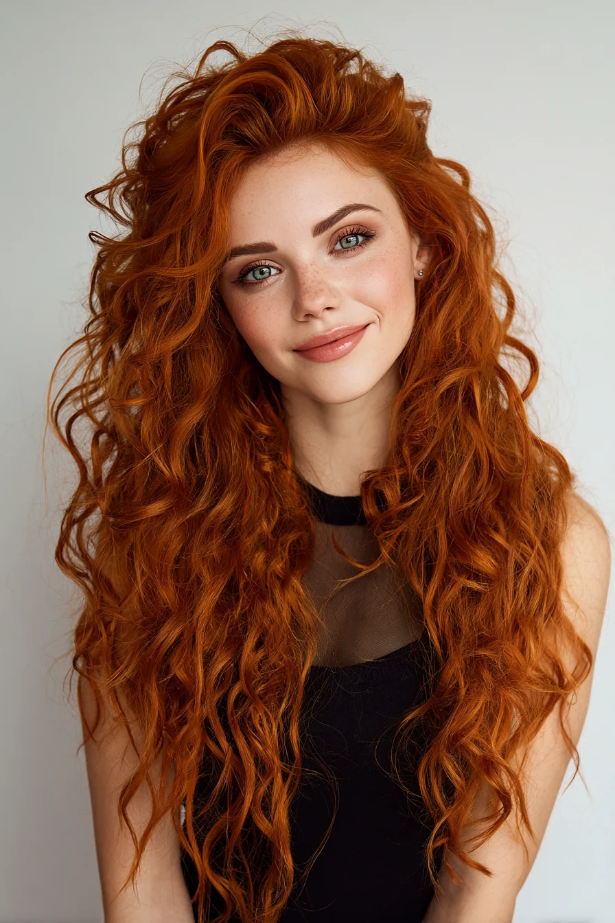Long Voluminous Red Curls with Layered Texture