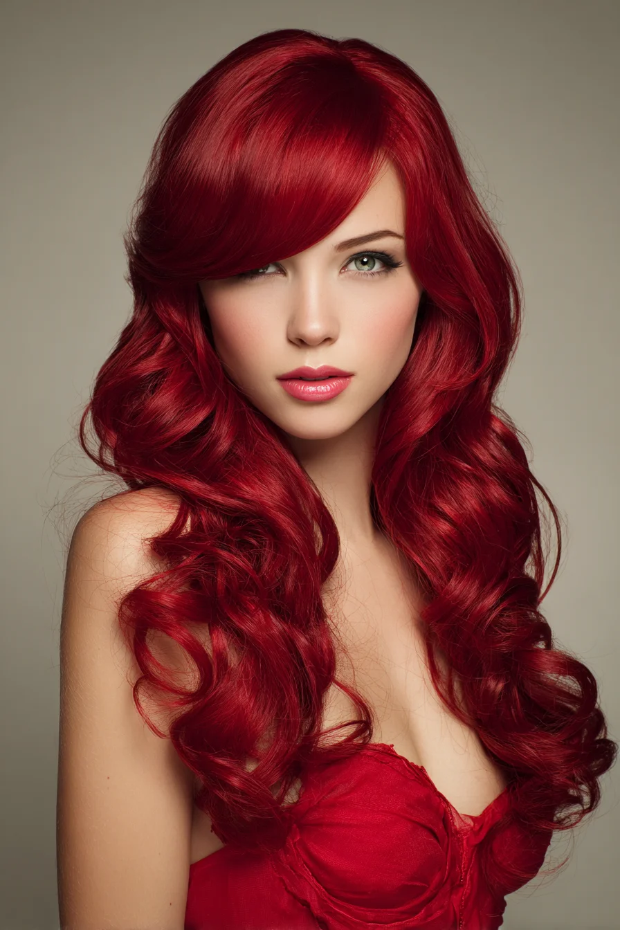 Long Voluminous Red Waves with Side-Swept Fringe
