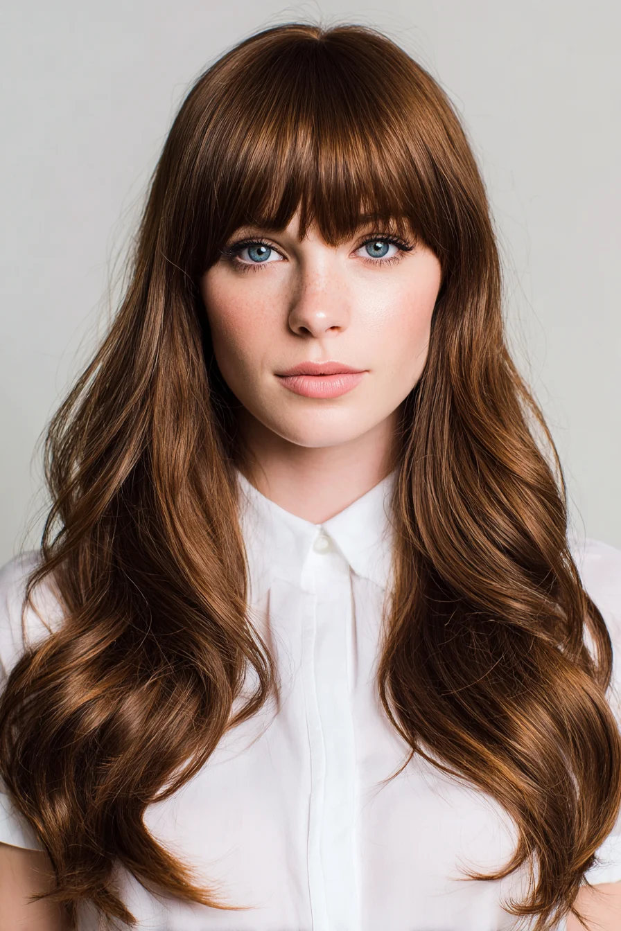 Long Wavy Layers with Blunt Bangs — Soft Chestnut Brown