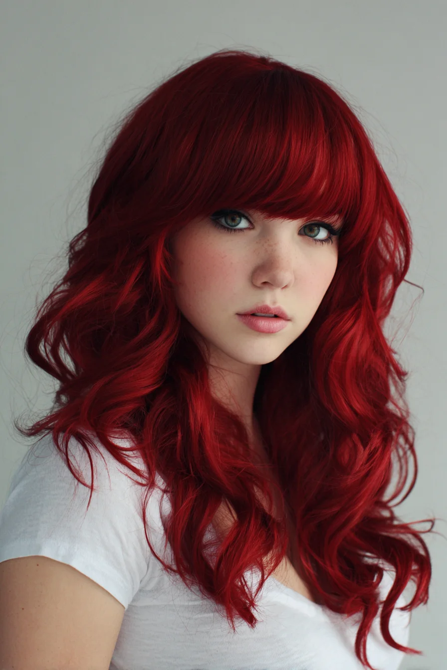 Long Wavy Layers with Full Blunt Fringe — Vibrant Red Hair
