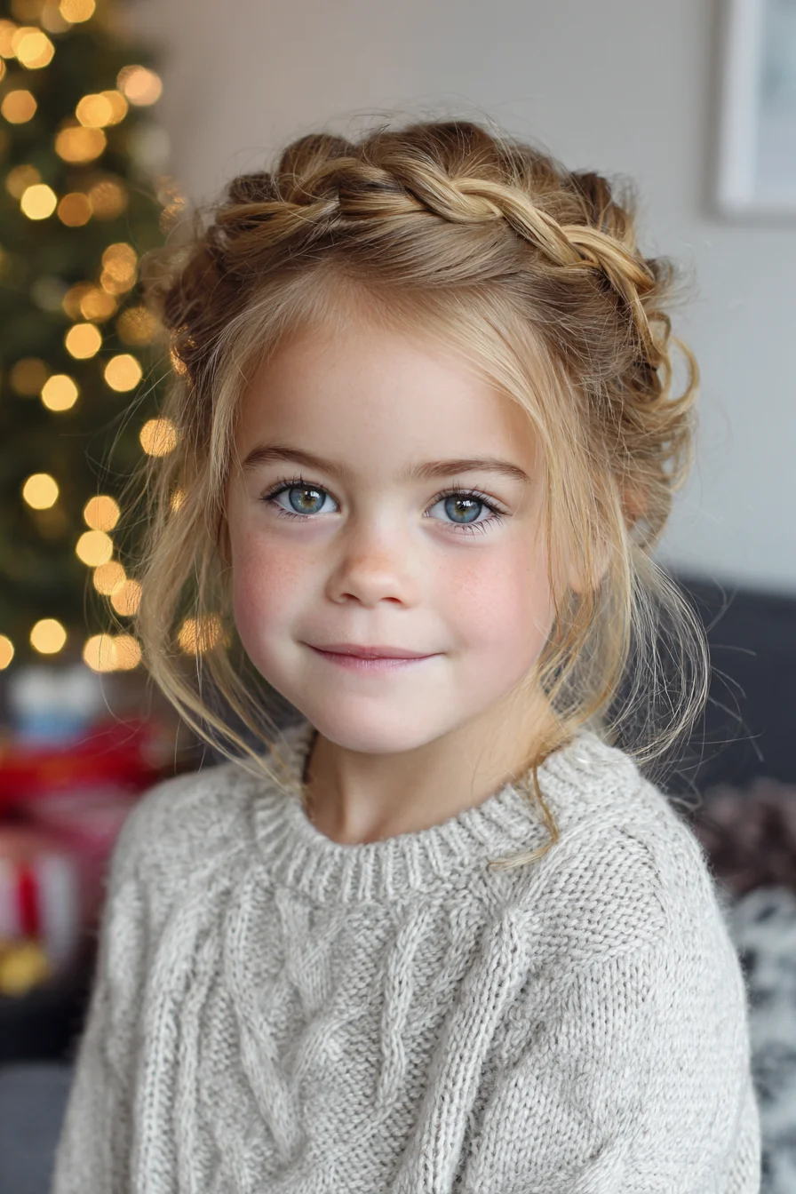 Loose Crown Braid Updo with Face‑Framing Tendrils — Kids Holiday Style