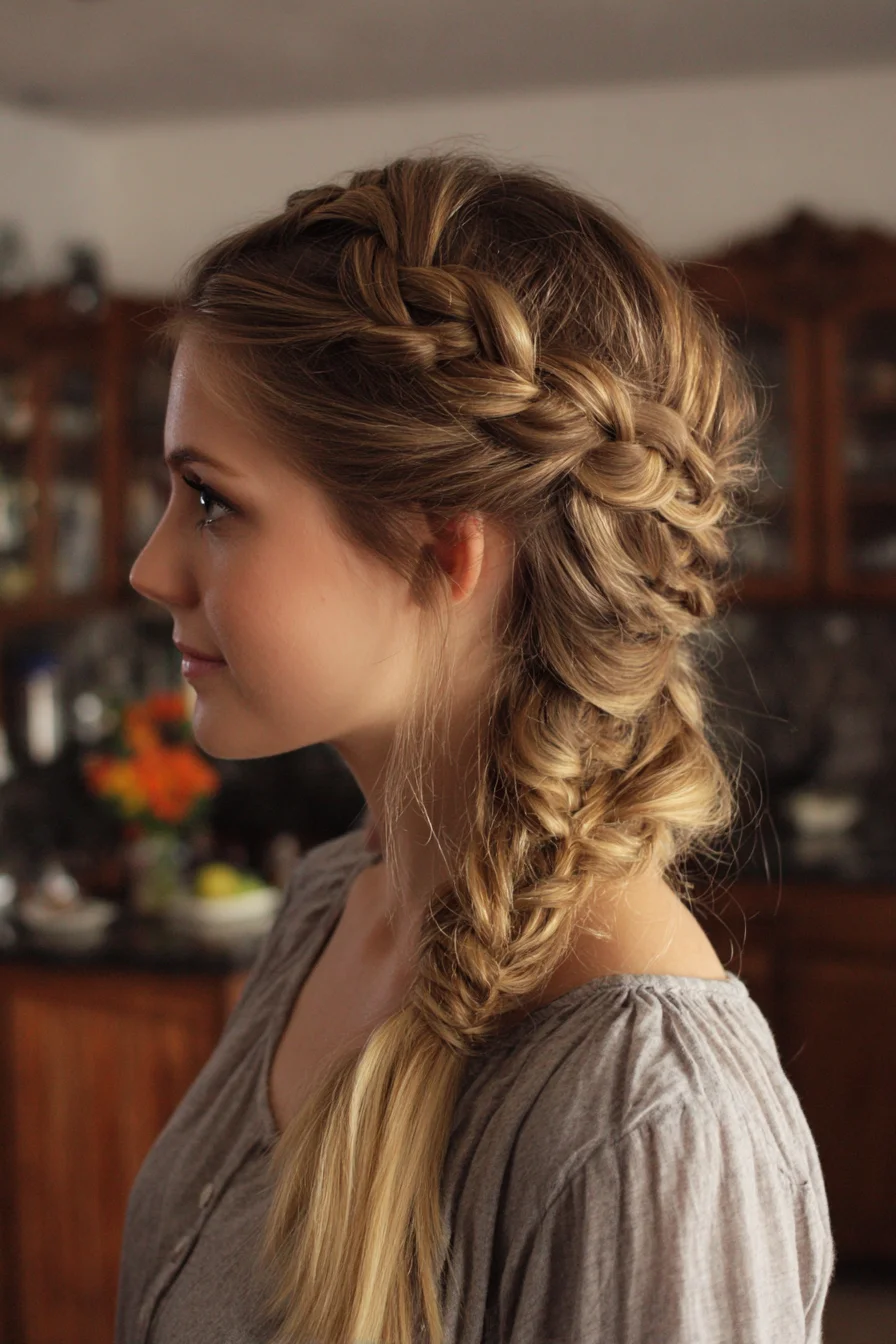 Loose Dutch Crown Braid Transitioning to a Fishtail Side Braid
