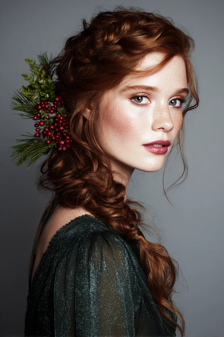Loose Romantic Fishtail Braid with Twisted Crown and Festive Greenery