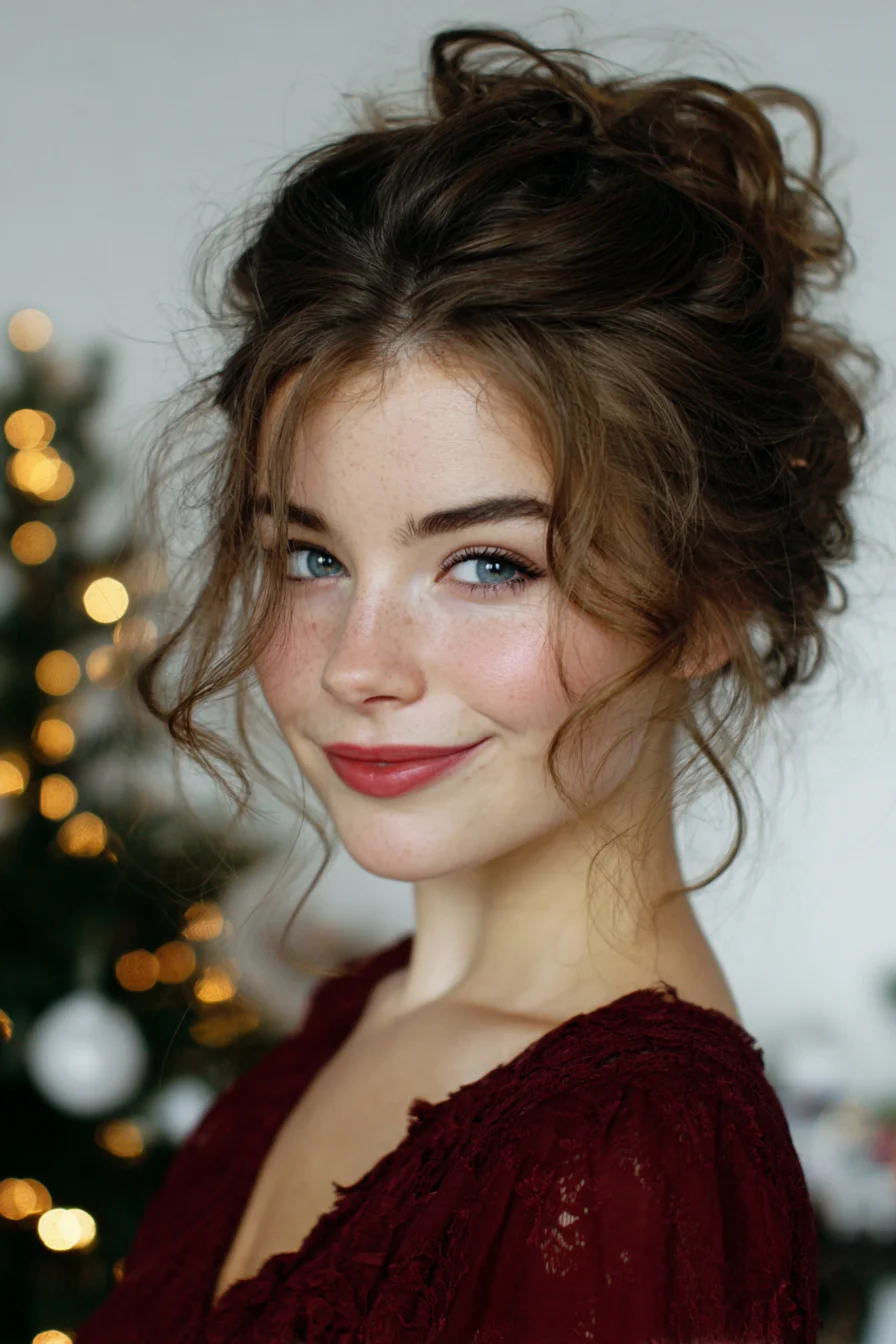 Loose Romantic Messy Curly Updo with Face‑Framing Tendrils