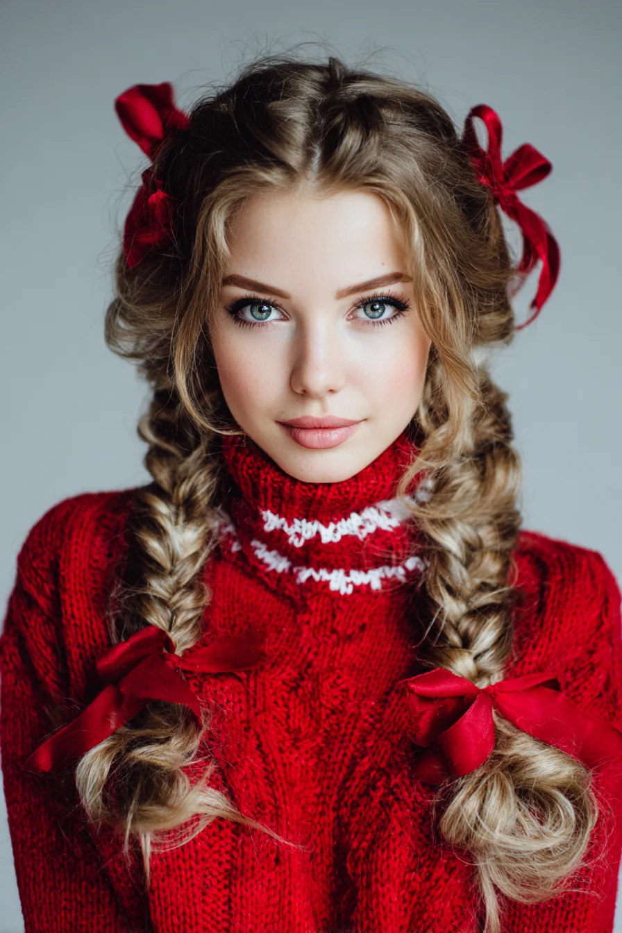 Loose Textured Fishtail Braids with Satin Ribbon Bows