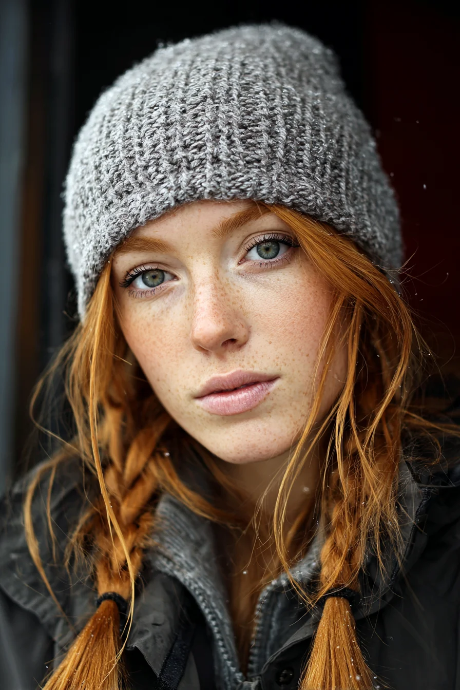 Loose Textured Low Braids with Beanie — Casual Two-Braid Winter Style