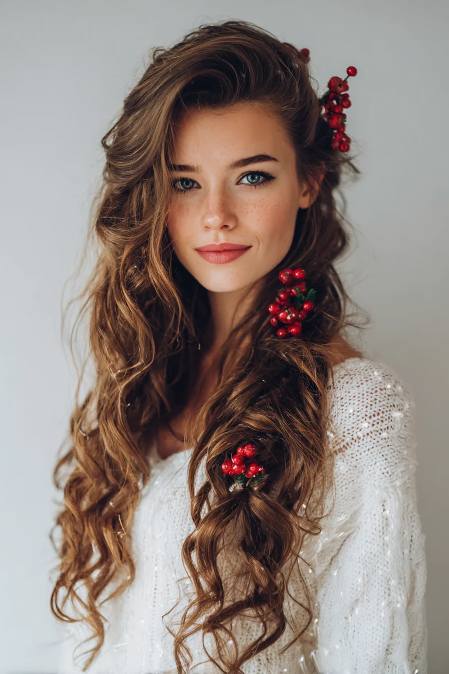 Loose Textured Side Braid with Boho Waves and Berry Accents
