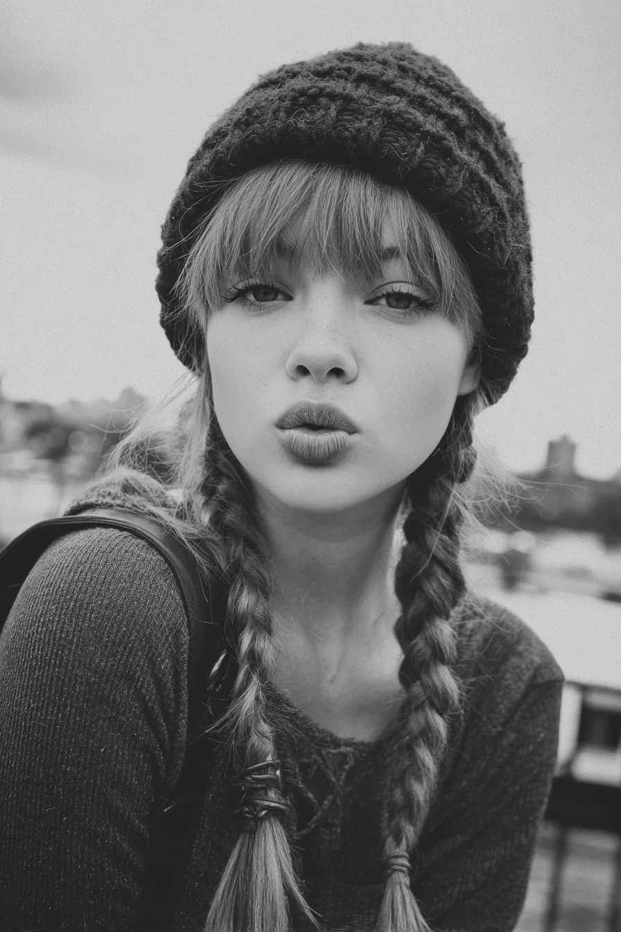 Low Double Braids with Curtain Bangs — Casual Beanie-Ready Style