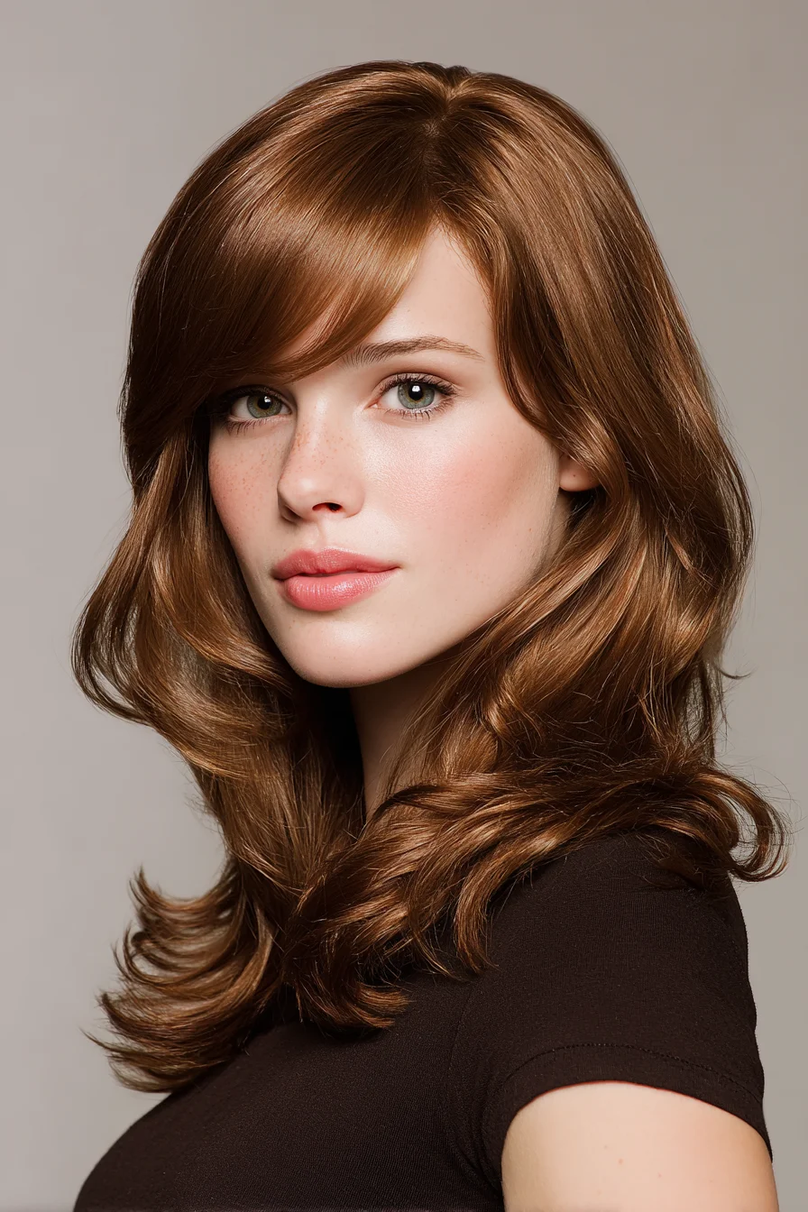 Medium Layered Cut with Side‑Swept Fringe and Soft Blowout