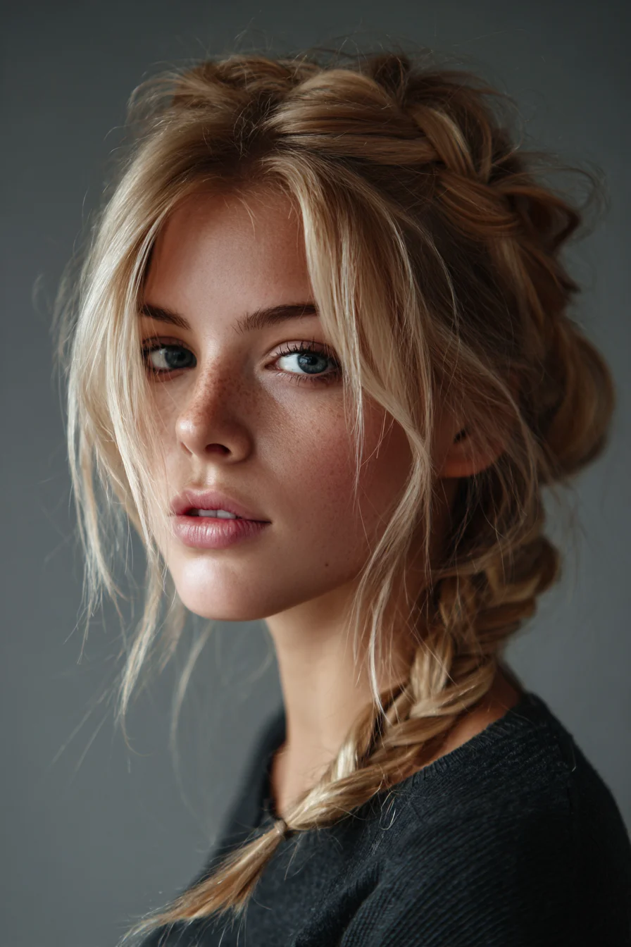 ## Messy Textured Fishtail Braid with Face‑Framing Curtain Bangs