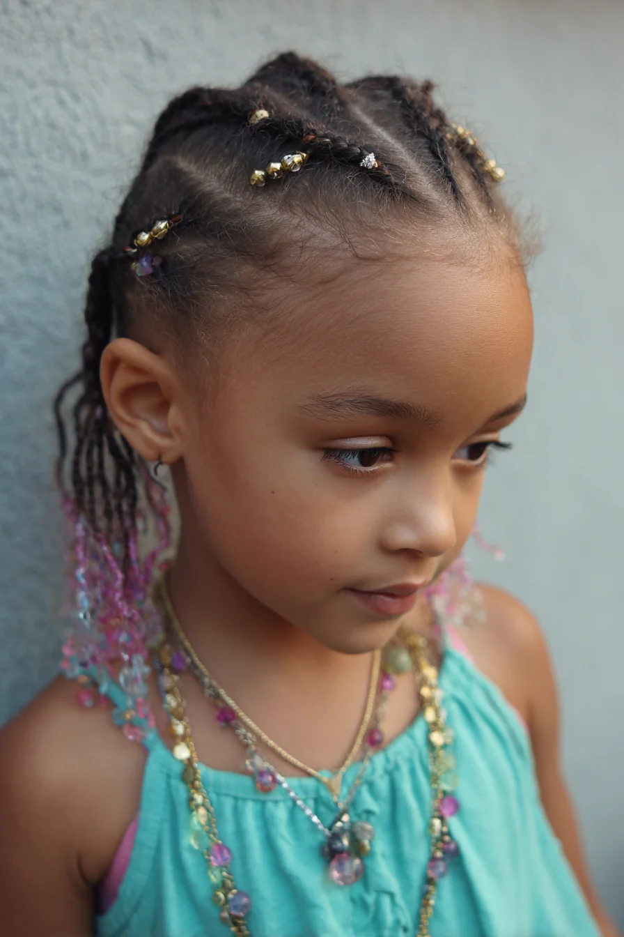 Mini Cornrows with Colorful Beaded Ends and Threaded Extensions