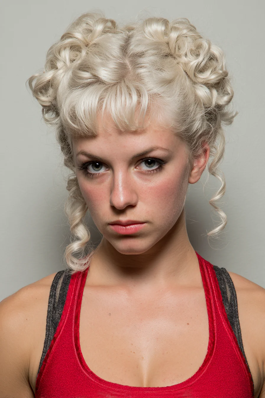 Platinum Curled Updo with Short Rounded Fringe and Face‑Framing Ringlets