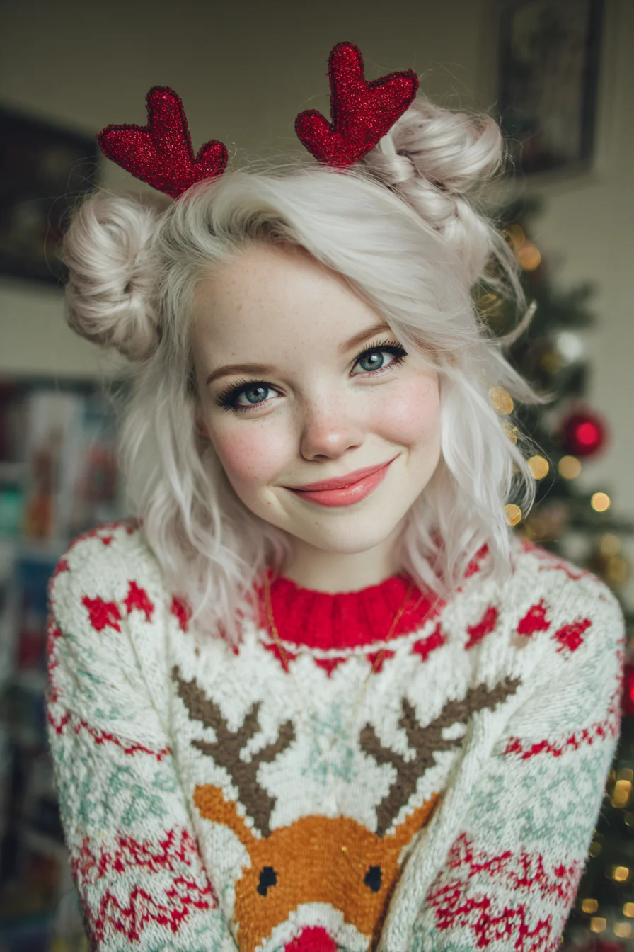 Platinum Shoulder-Length Lob with Messy Double Space Buns