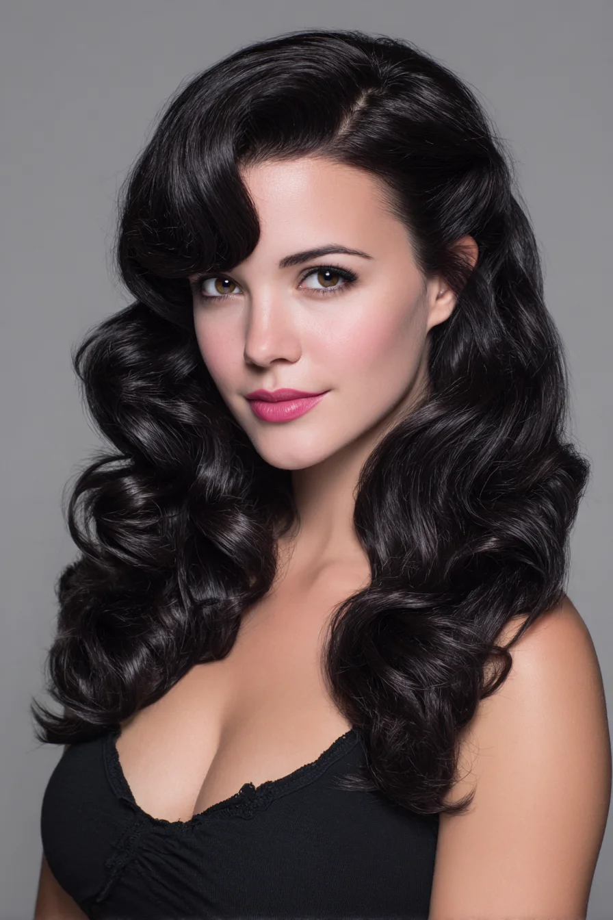 Retro Hollywood Waves with Side-Swept Fringe for Long, Thick Hair