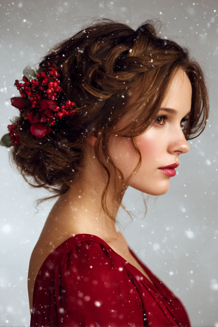 Romantic Braided Chignon Updo with Floral Accent