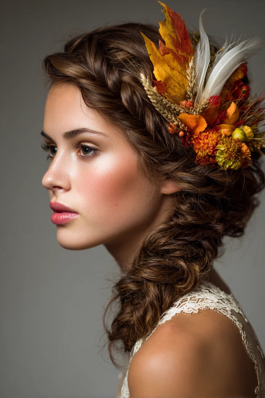 Romantic Braided Side Updo with Fishtail and Floral Accent