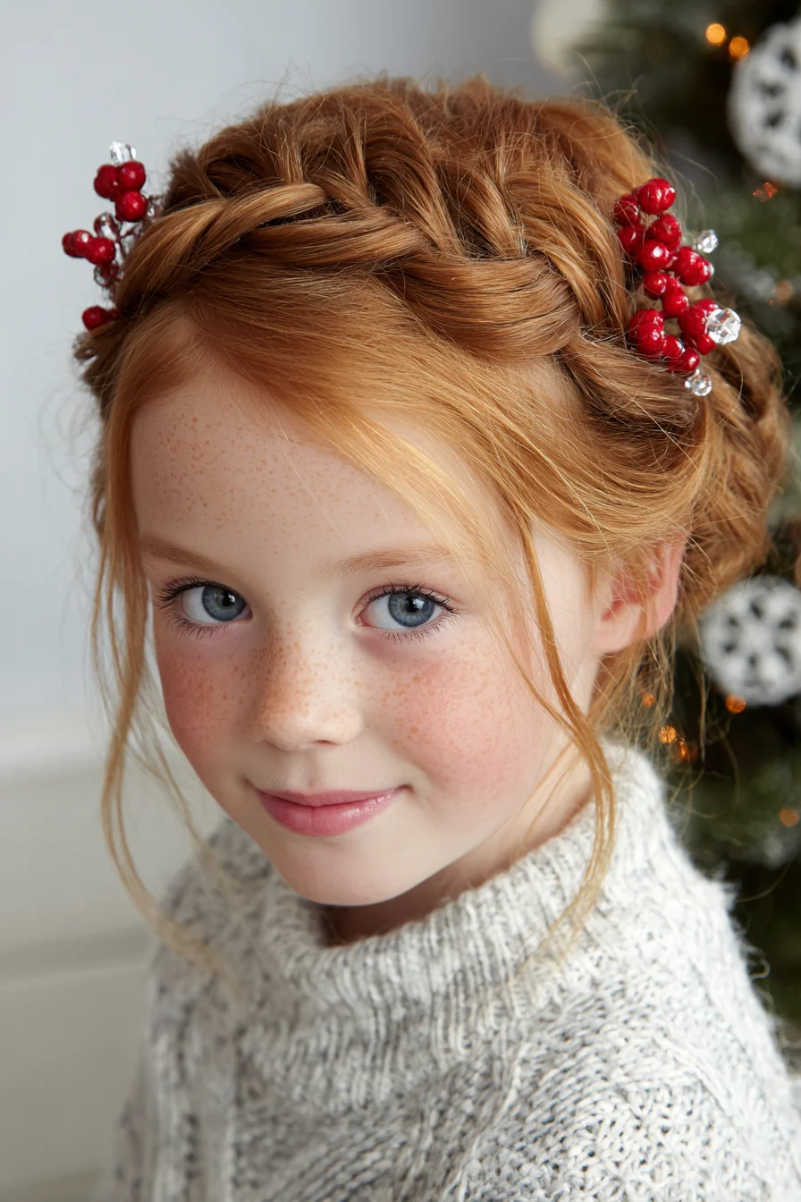 Romantic Crown Braid Updo with Face‑Framing Tendrils and Holiday Accents