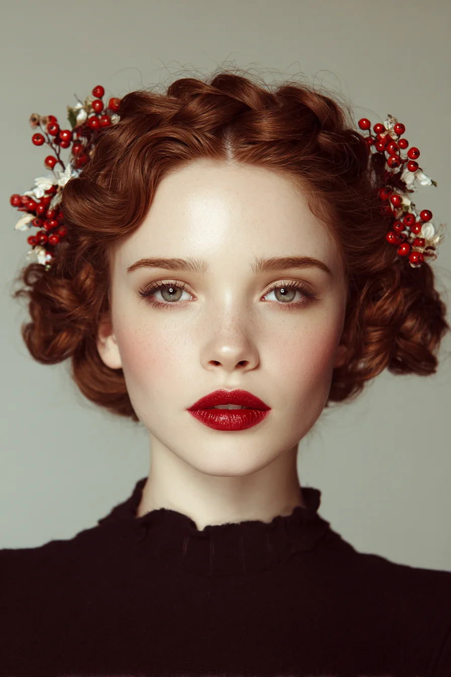 Romantic Crown Braid with Vintage Waves and Berry Accents