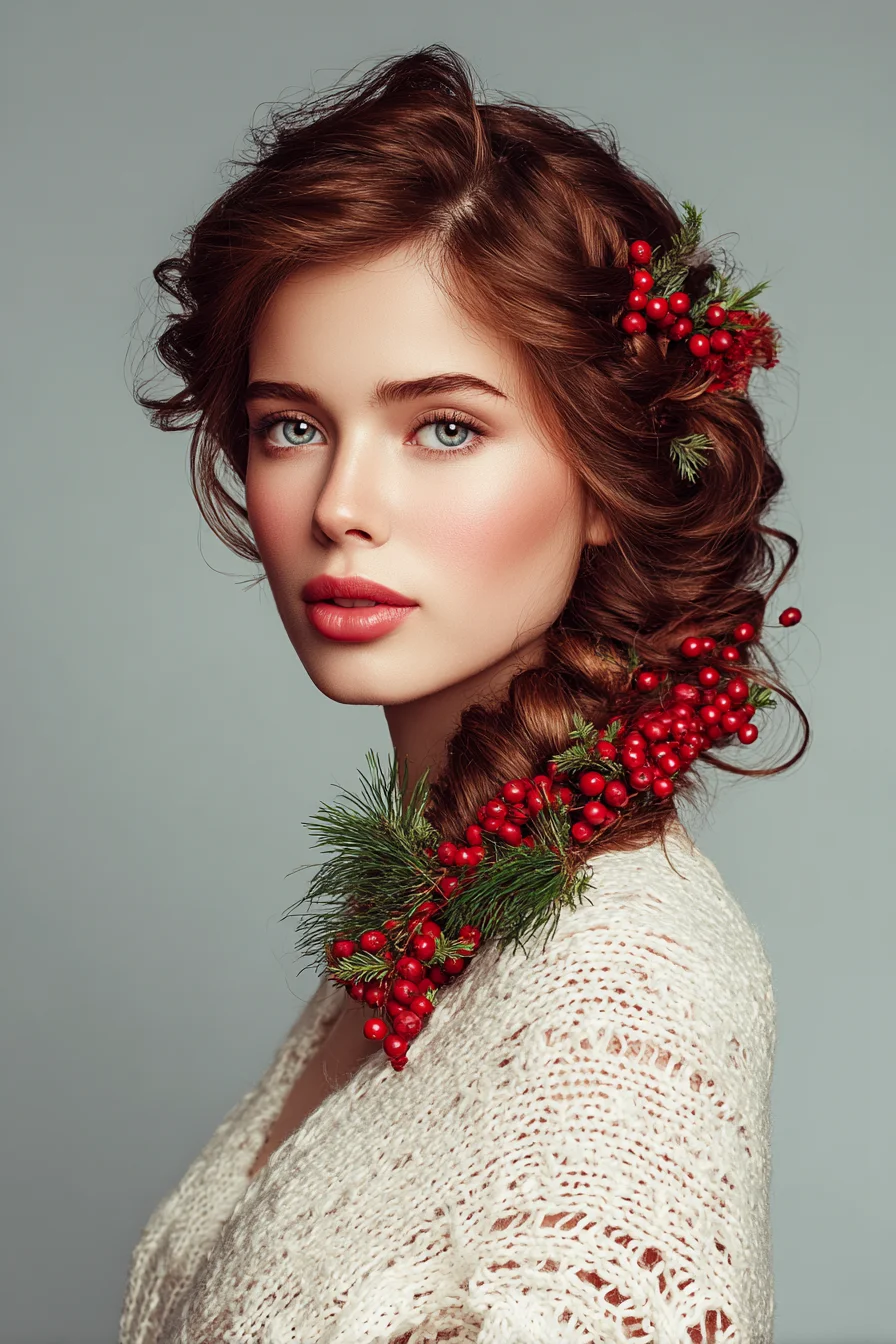 Romantic Festive Side Braid with Berry and Pine Accents