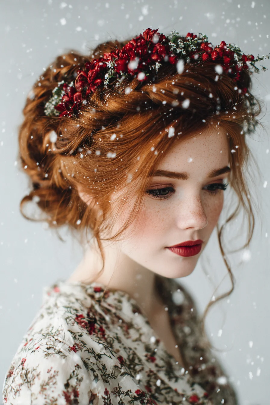 Romantic Floral Halo Braided Updo for Medium to Thick Hair
