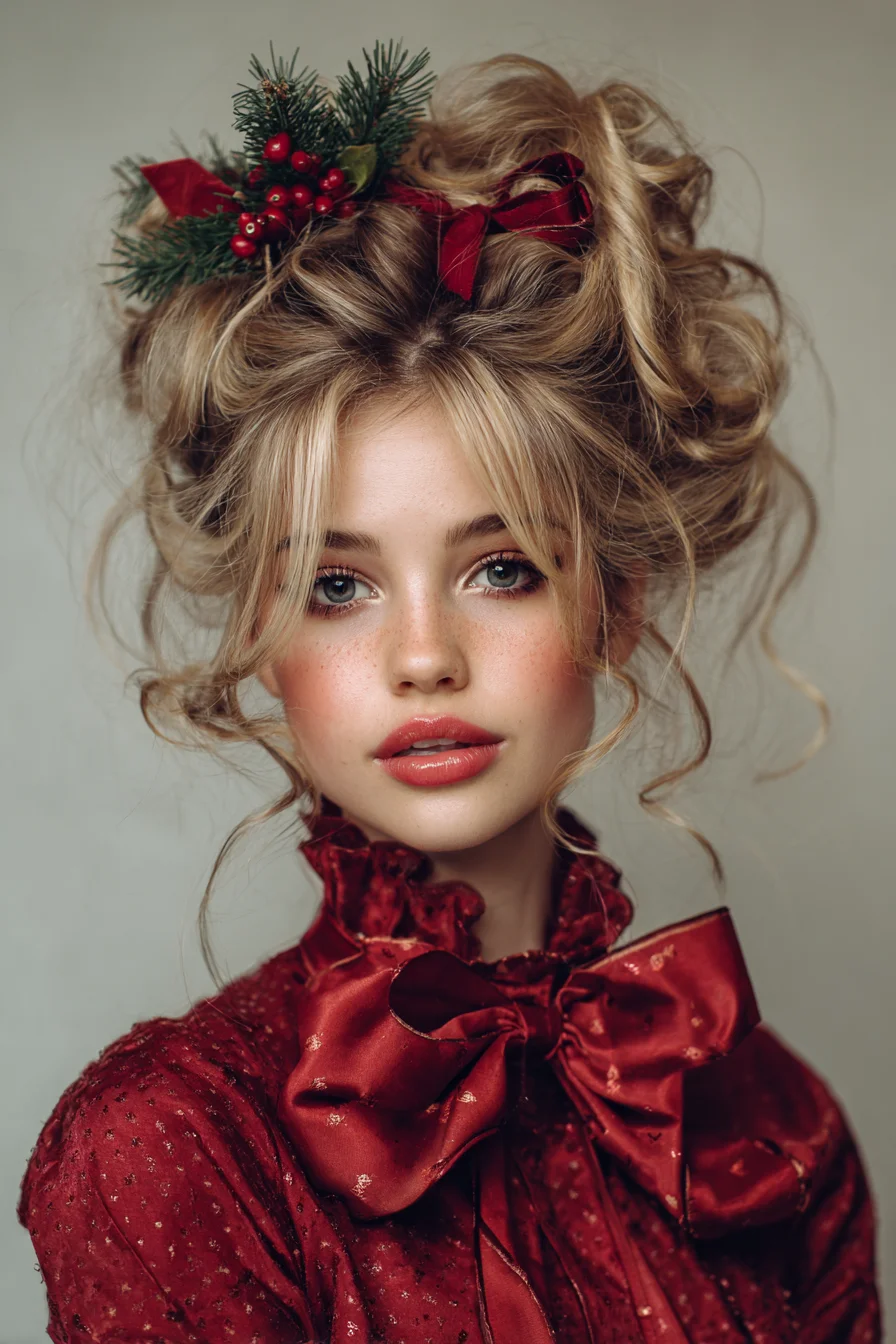 Romantic Messy Updo with Soft Curls and Face‑Framing Tendrils (Holiday Accent)
