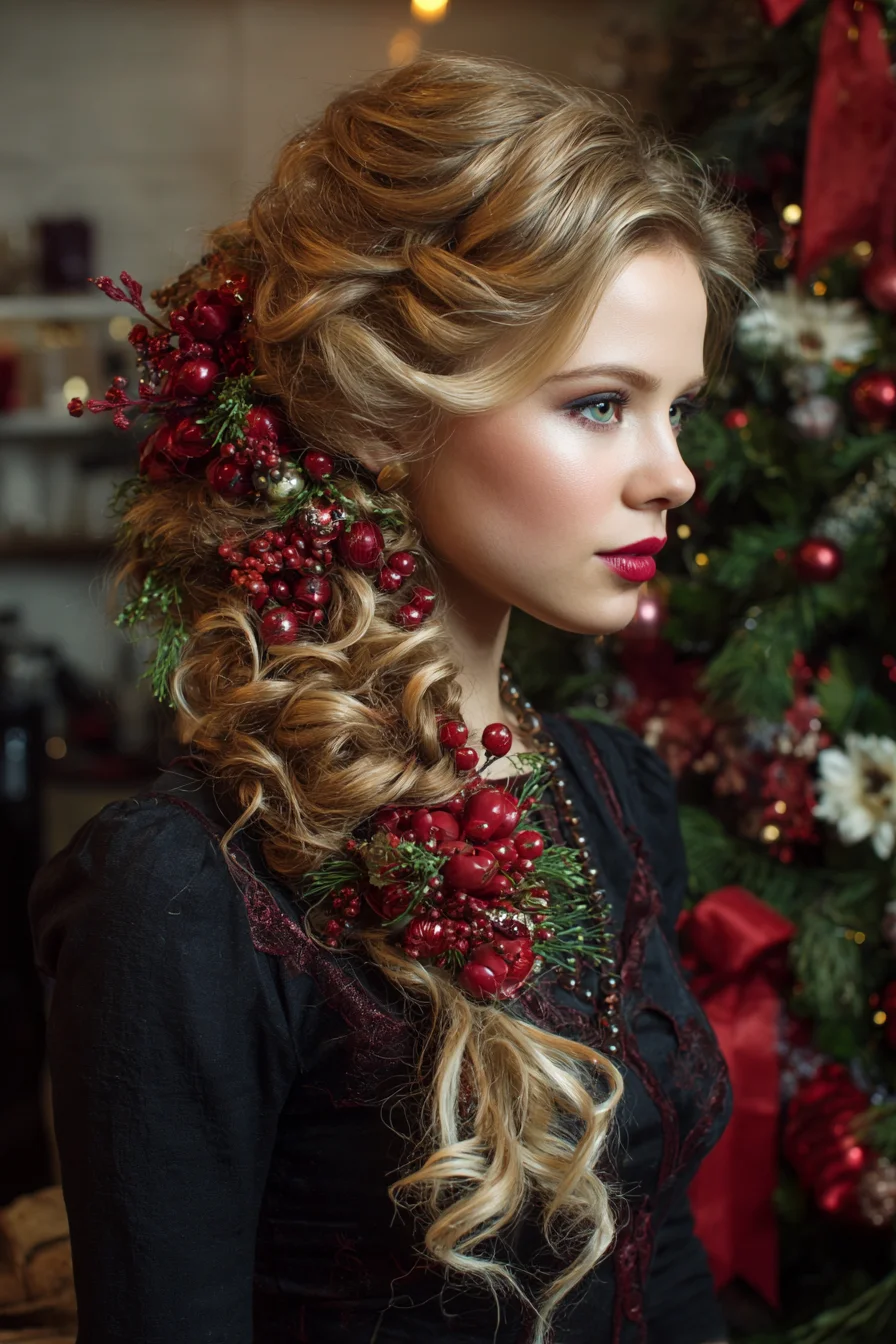 Romantic Side‑Swept Curled Braid with Festive Berry Accents