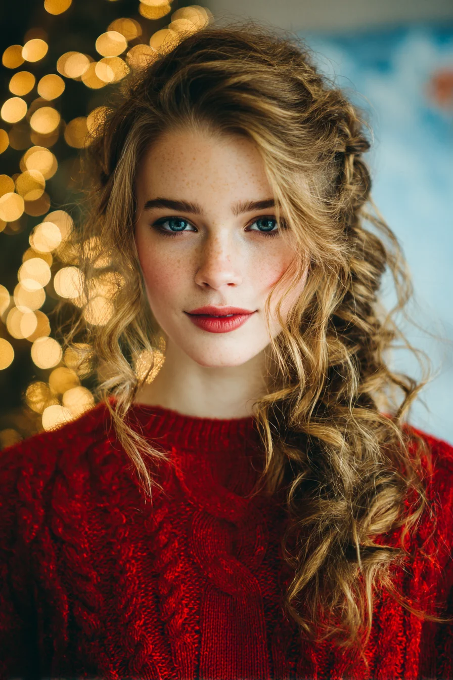 Romantic Side-Swept Curly Half-Up Hairstyle for Long Wavy Hair