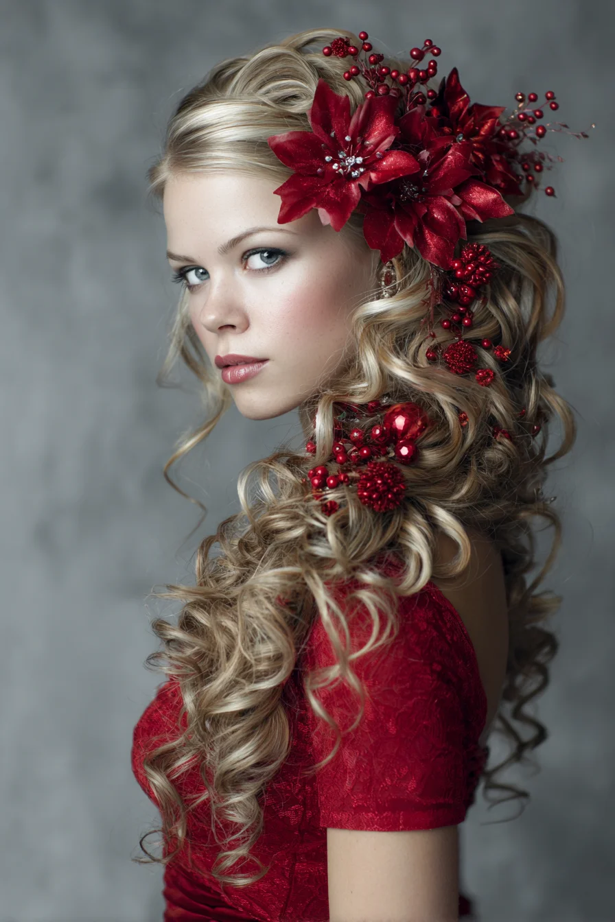 Romantic Side‑Swept Sculpted Curls with Statement Floral Accent