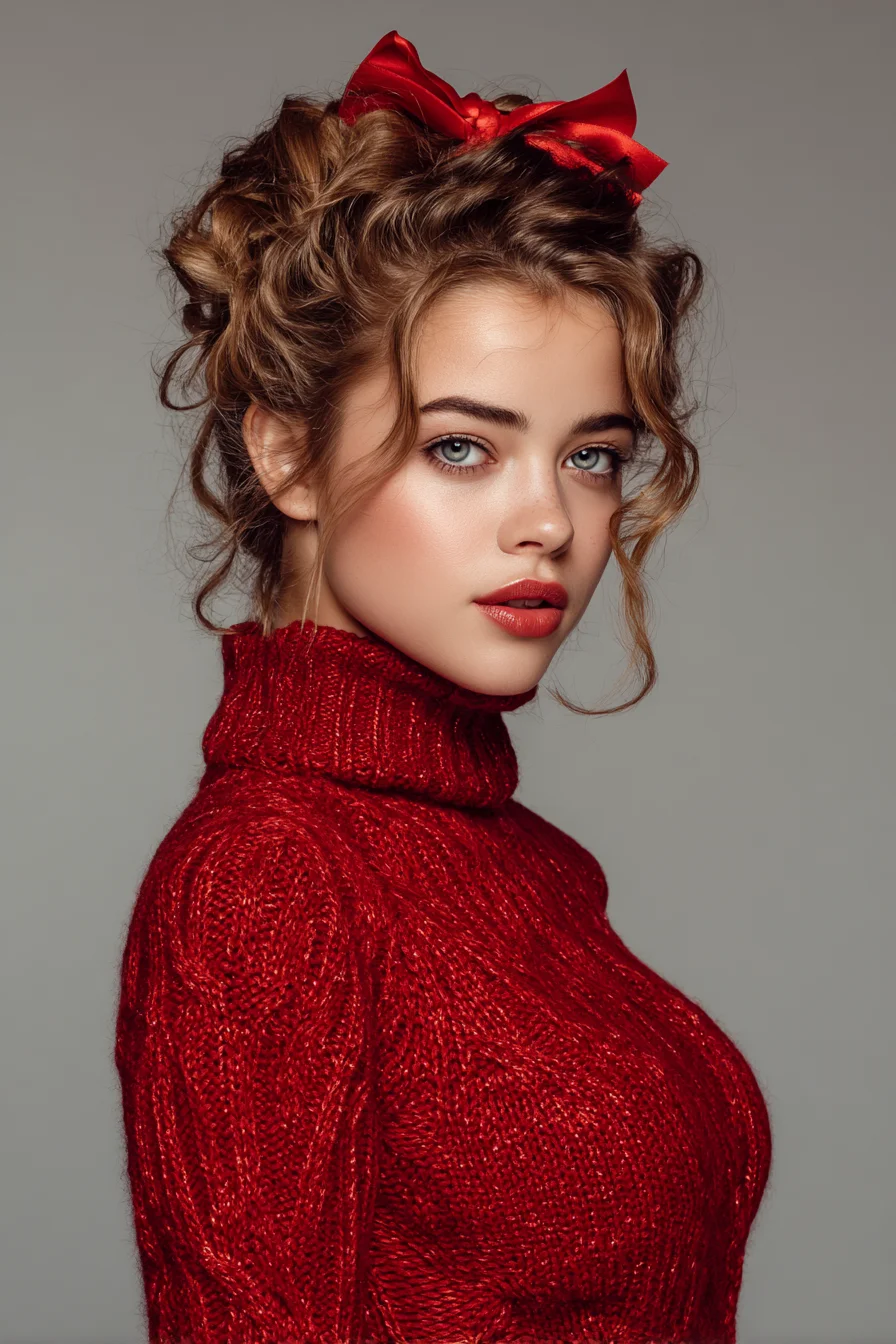 Romantic Textured Curly Updo with Ribbon Bow