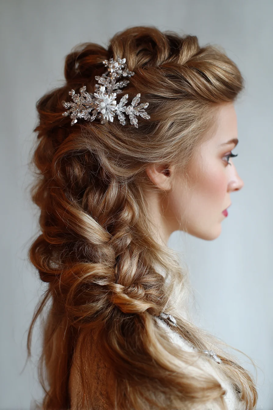 Romantic Textured Half-Up Braided Twist with Crystal Hairpiece