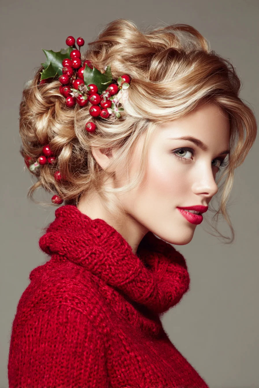 Romantic Textured Low Updo with Festive Berry Accents