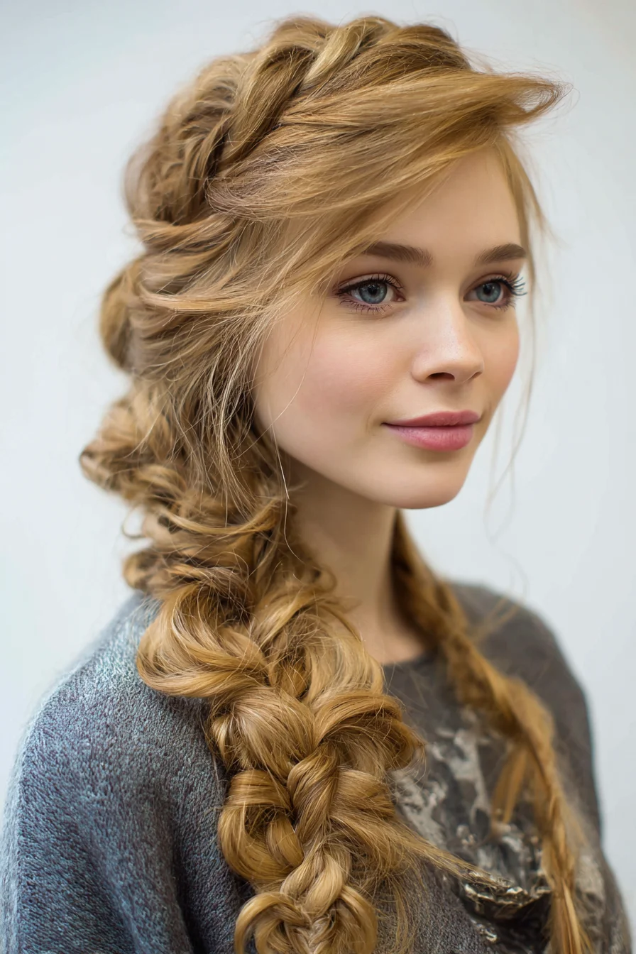 Romantic Textured Side Braid with Loose Face‑Framing Waves
