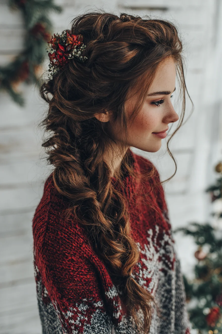 Romantic Textured Side Braid with Voluminous Crown and Floral Accent