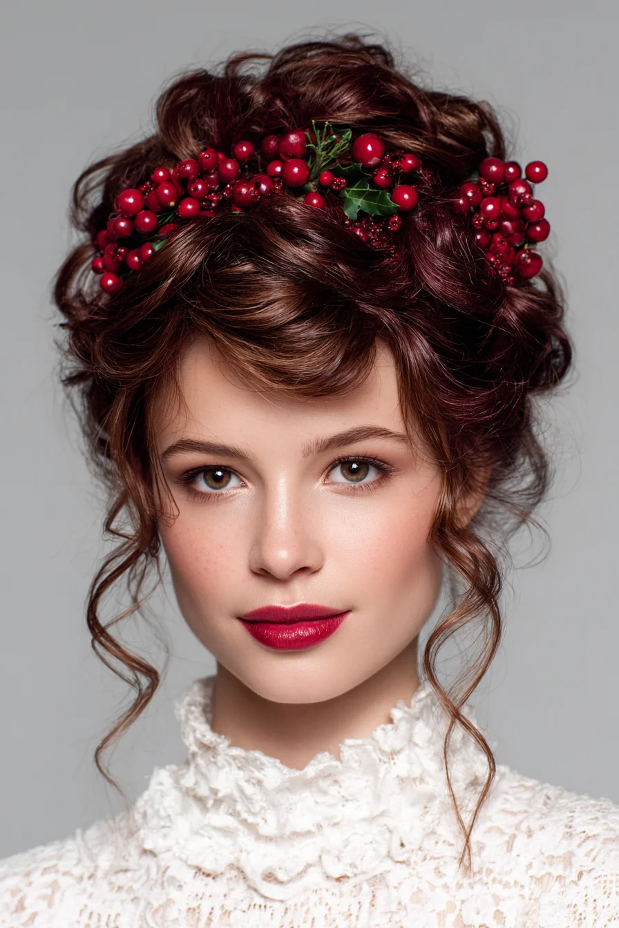 Romantic Textured Updo with Berry Crown — Soft Tendrils & Voluminous Twist